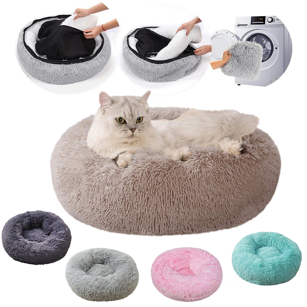 Round Plush Pet Bed with Non-Slip Base Khaki Style
