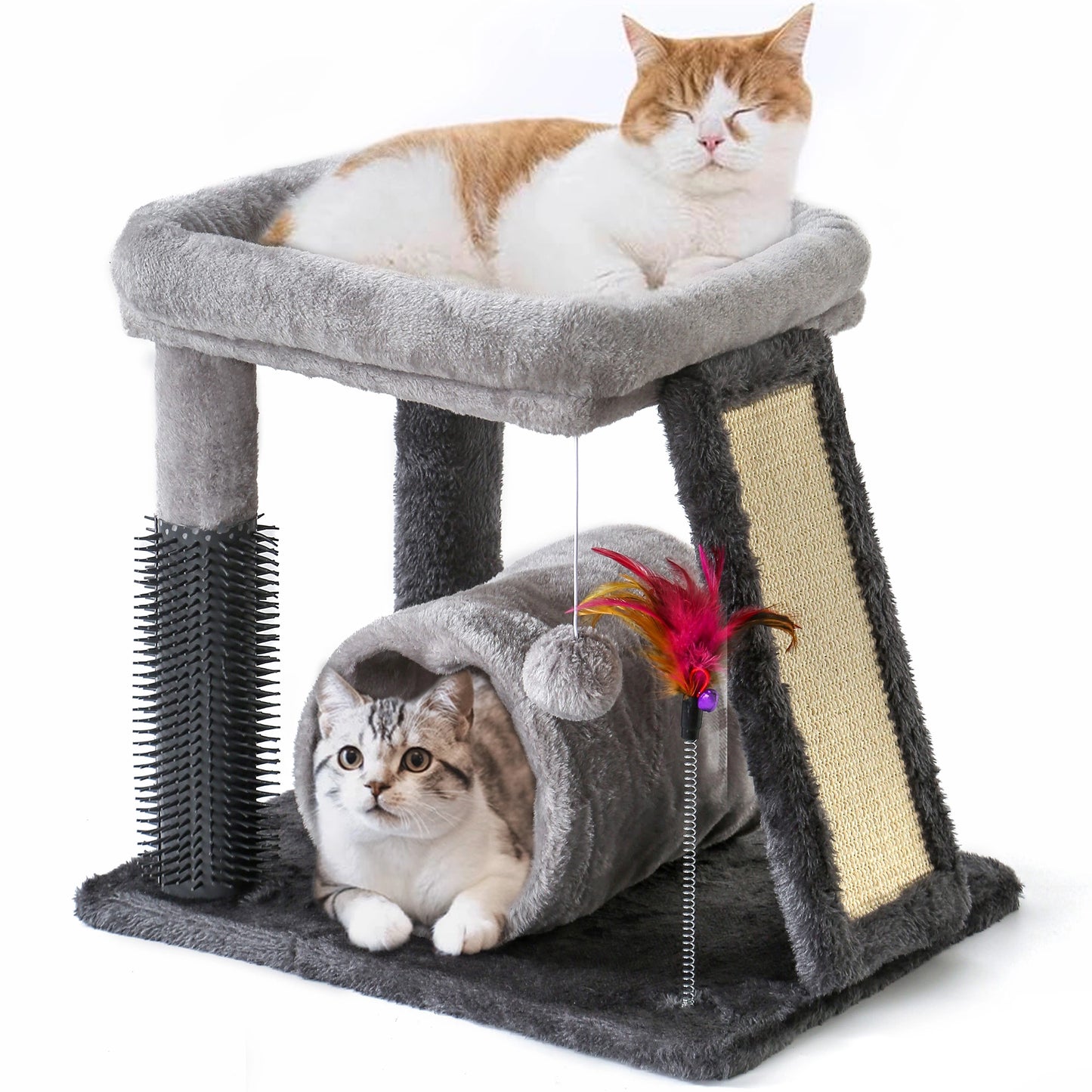 4-in-1 Cat Tree | Scratch Post, Play Ball, Feather Teaser & Cozy Bed