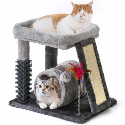 4-in-1 Cat Tree | Scratch Post, Play Ball, Feather Teaser & Cozy Bed