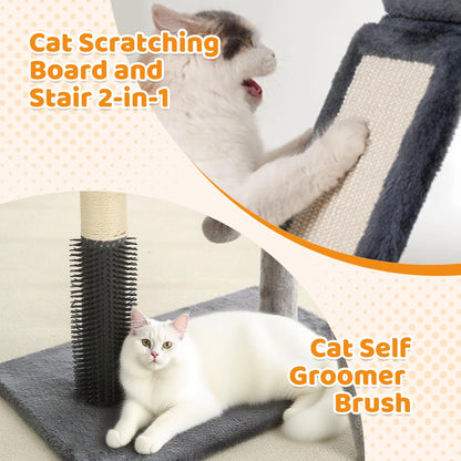 4-in-1 Cat Tree | Scratch Post, Play Ball, Feather Teaser & Cozy Bed