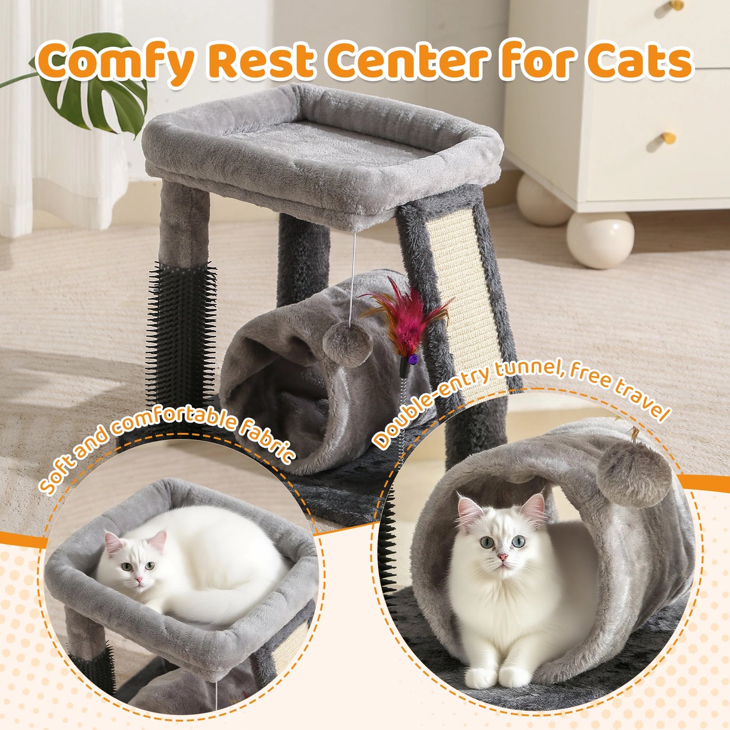 4-in-1 Cat Tree | Scratch Post, Play Ball, Feather Teaser & Cozy Bed