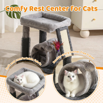 4-in-1 Cat Tree | Scratch Post, Play Ball, Feather Teaser & Cozy Bed