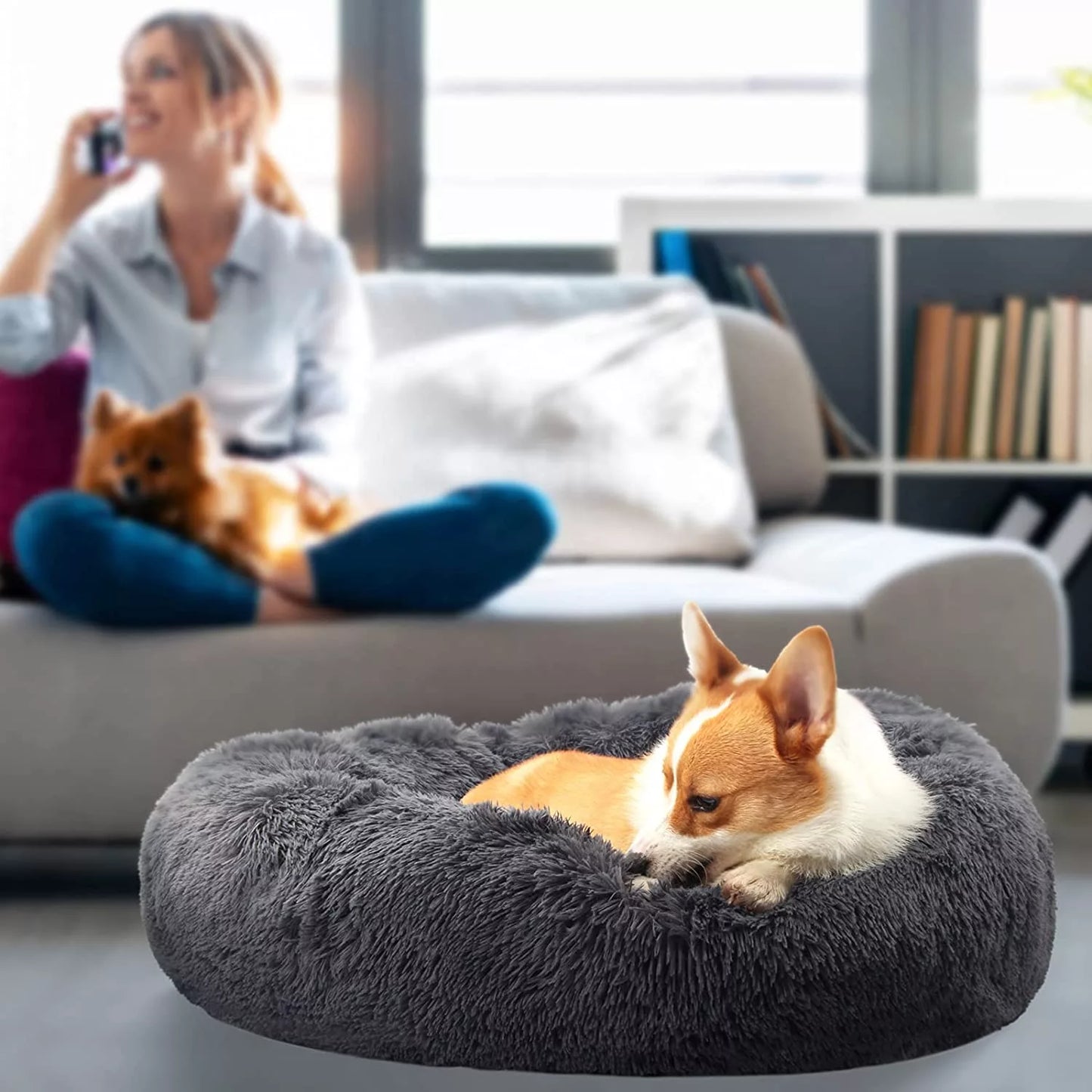 Round Plush Pet Bed with Non-Slip Base Dark Grey Style Usage scenarios