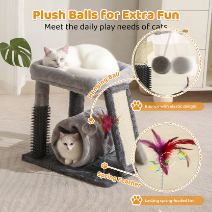 4-in-1 Cat Tree | Scratch Post, Play Ball, Feather Teaser & Cozy Bed
