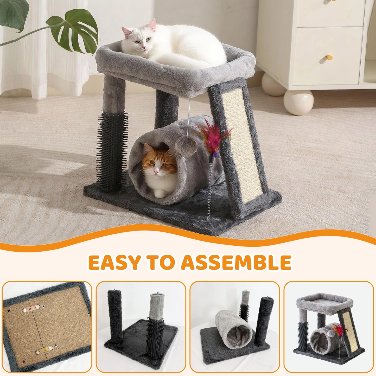 4-in-1 Cat Tree | Scratch Post, Play Ball, Feather Teaser & Cozy Bed